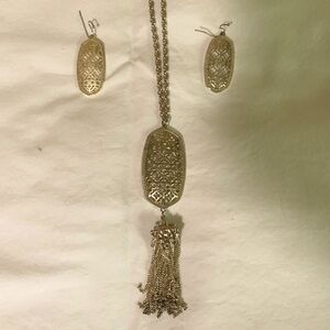 Kendra Scott gold filigree necklace and earrings